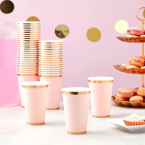 Miniatura 2 de Juvale Vasos de fiesta rosados, 12 onzas, paquete de 50, rosa claro y dorado, vasos de papel desechables para bebidas calientes y frías, para novia