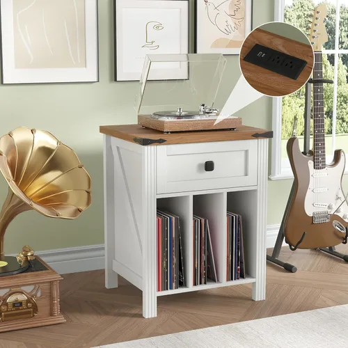 Soporte para tocadiscos con almacenamiento de discos de vinilo, soporte para tocadiscos con estación de carga, soporte de madera para discos de