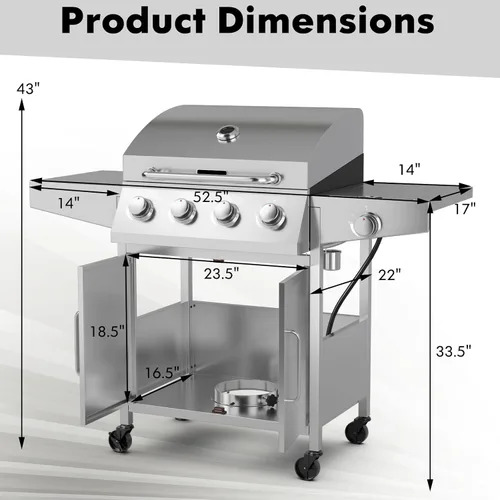 Miniatura 7 de Giantex Parrilla de gas propano de 50,000 BTU, 4 quemadores principales, 1 quemador lateral, 2 mesas de preparación, parrilla de barbacoa de acero