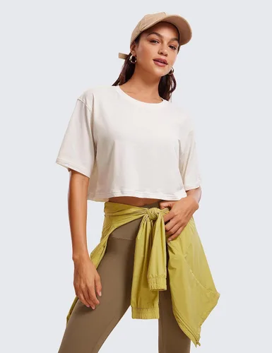Miniatura 3 de CRZ YOGA - Camiseta corta para mujer, de algodón Pima, ombliguera de manga corta para entrenamiento y yoga, de estilo informal, camiseta deportiva