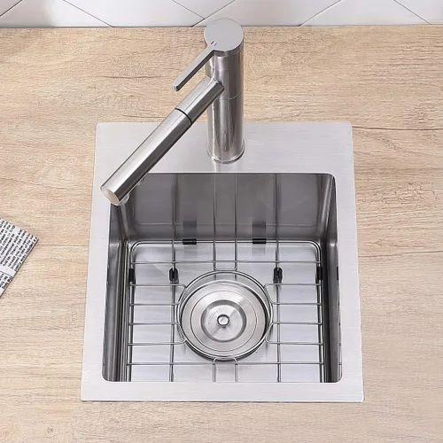 Miniatura 7 de Fregadero de barra de montaje superior, de 15x15 pulgadas, fregadero de cocina pequeño para RV, fregadero de barra húmeda de acero inoxidable hecho