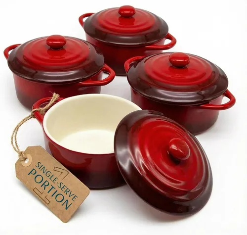 Miniatura 14 de Kook Juego de mini cocotte de cerámica, cacerolas pequeñas con tapas y asas, moldes individuales para hornear, aptos para horno, microondas