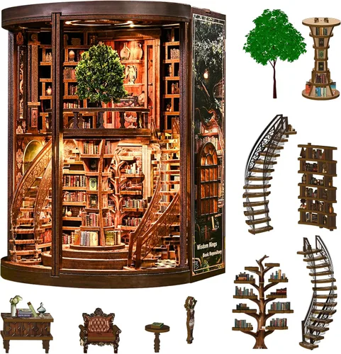 Kit de rincón de libros, rompecabezas de madera 3D para adultos, kit de casa en miniatura para adultos, rincón de libros con luz LED, regalos para