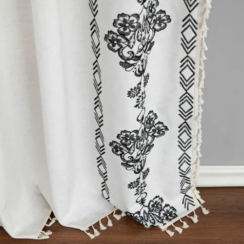 Miniatura 6 de VOGOL Cortinas bohemias de 84 pulgadas de largo, cortinas decorativas con textura de lino para sala de estar, patrón de flores negras, bolsillo