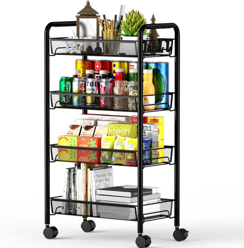Miniatura 9 de OVICAR Carro rodante de 3 niveles de alambre de malla, carrito de almacenamiento de cocina, soporte multifunción para baño, carrito de Negro
