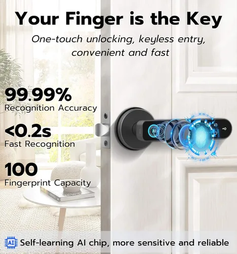 Miniatura 8 de Anweller - Cerradura inteligente de perilla de puerta con pantalla de visualización, cerradura de puerta de entrada sin llave con huella digital