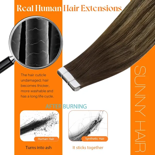 Miniatura 7 de Sunny Hair Extensiones de cabello humano real con cinta, 24 pulgadas, 20 unidades de 1.76 oz (50 g), color marrón oscuro degradado a rubio caramelo