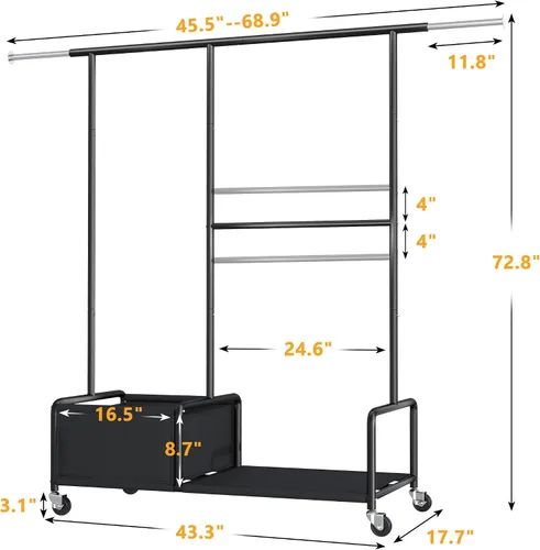 Miniatura 9 de Raybee Percheros para colgar ropa, perchero ajustable con ruedas bloqueables, estantes de almacenamiento, estante multifuncional para dormitorio