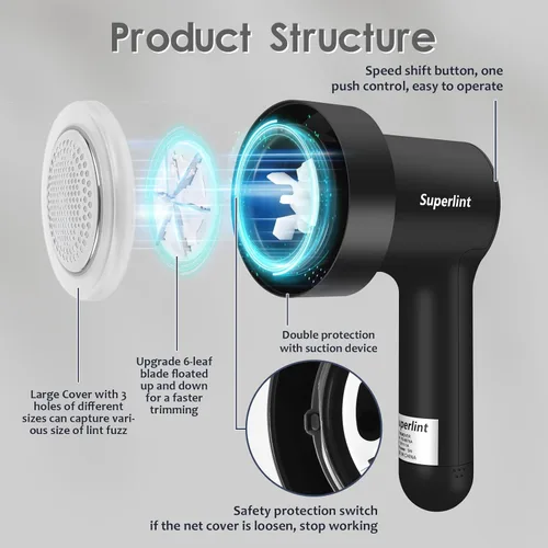 Miniatura 6 de SUPER LINT Afeitadora eléctrica de tela, cepillo electrostático, pantalla LED, 3 velocidades, afeitadoras de suéter recargables para quitar pelusas