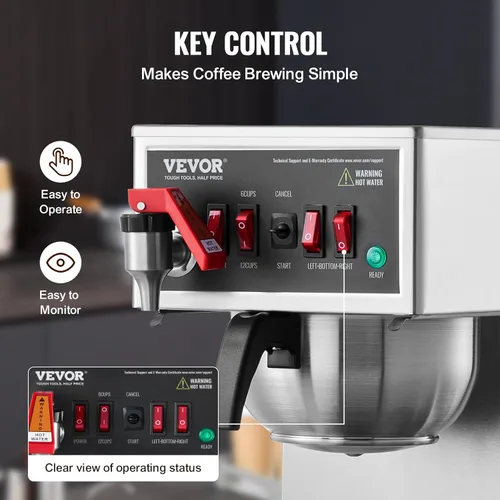 Miniatura 4 de VEVOR Cafetera Comercial de Goteo de 12 Tazas, Máquina de Café con 3 Jarras de Vidrio y 3 Platos Calentadores, Cafetera de Acero Inoxidable