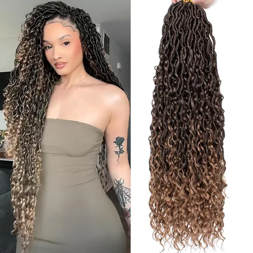 Miniatura 12 de COOKOO 14 pulgadas, 8 piezas de cabello de ganchillo Goddess Locs en total 112 hebras de pelo sintético negro natural de ganchillo de río hippie