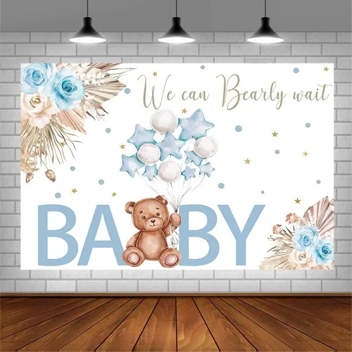 Miniatura 3 de AIBIIN Telón de fondo para baby shower de oso de 7 x 5 pies para niño, We Can Bearly Wait to Meet You, azul, bohemio, floral, globo de pampas