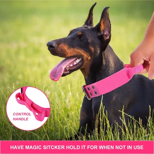 Miniatura 6 de Collar reflectante para perro táctico resistente con mango de control y hebilla de metal para entrenamiento de perros (M, rosa)