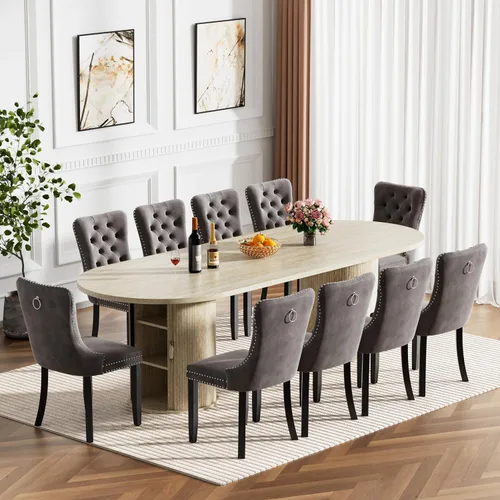Miniatura 20 de Mesa de comedor redonda extensible de 94 pulgadas con base de almacenamiento, mesa de comedor expandible natural para 10, mesa de comedor de madera
