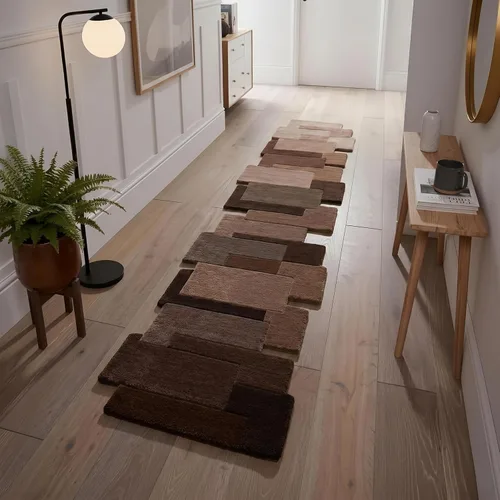 Miniatura 9 de Restoration and Renovation Beige-Cream Wool Runner Rug 2.6' x 8' – Handmade, Irregular Block Pattern, Artistic Geometric Design Carpet for Living