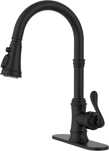 BWE Grifo de cocina negro con rociador extraíble, 3 modos de pulverización, grifo de fregadero de cocina de arco alto de una sola manija estilo