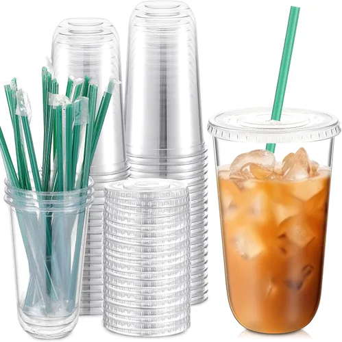 Miniatura 11 de Baderke Juego de 25 vasos de plástico con tapas y pajitas, tazas de plástico desechables para café helado, jugo, batido, cristal para cafeterías