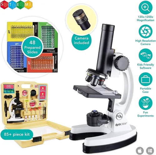Miniatura 7 de IQCREW - Microscopio prémium de 85 piezas, cámara a color y kit de software interactivo para niños con juego de diapositivas preparadas de 48 piezas