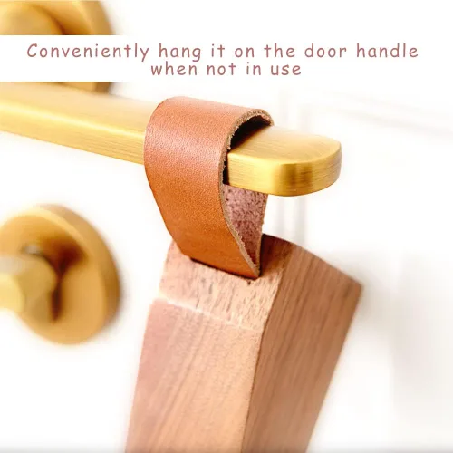 Miniatura 6 de Paquete de 2 topes grandes de madera para puerta, antideslizantes, de seguridad, con correa de cuero para colgar tope de puerta, en casa