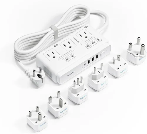 Miniatura 8 de TESSAN Convertidor de voltaje de 220V a 110V para viajes con 4 puertos USB (1 USB C), 3 tomas de corriente AC y adaptador de corriente internacional