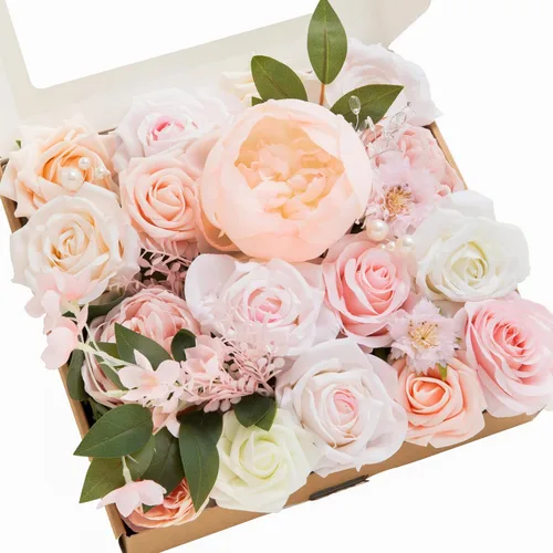 Miniatura 30 de Ling's moment Caja de Flores Falsas, Tallos de Vegetación Artificial Falsa, Rosas de Espuma, Gardenias, Hortensias de Seda, Ranúnculos, Flor de Tela