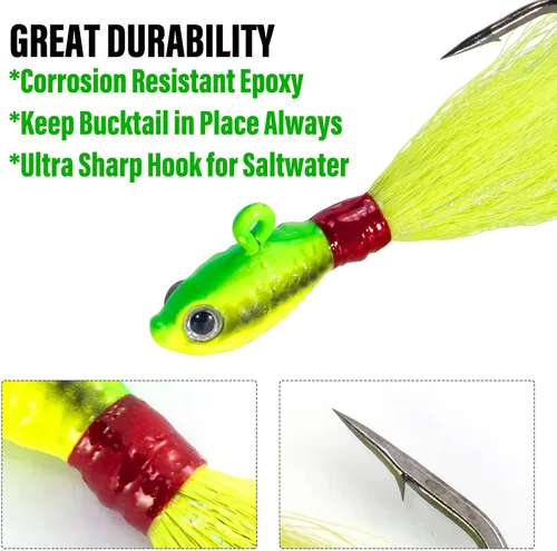 Miniatura 3 de Dr.Fish Paquete de 3 señuelos de cola de cubo para el cabello, señuelos de agua salada y dulce para pesca de surf, pesca, blanco, rojo, Chartreuse