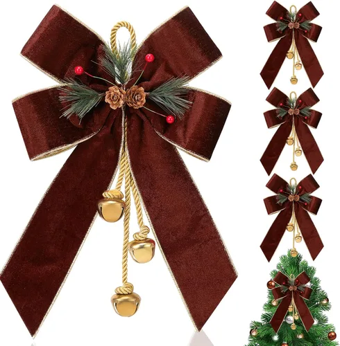 Miniatura 13 de Yinkin Corona de Árbol de Navidad Lazo Lazos de Cinta de Navidad con Campanas 11 x 7.8 pulgadas Terciopelo Cono de Pino Lazo Adornos Colgantes