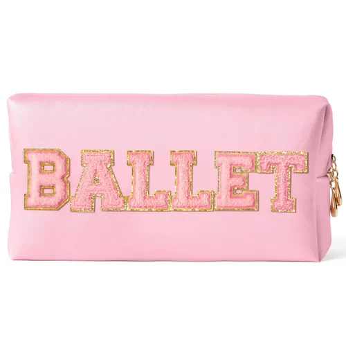 Miniatura 16 de Y1tvei Preppy Patch BATH Letter - Neceser de cuero PU para cosméticos, bolsa de maquillaje portátil cosida con parches de letras universitarias