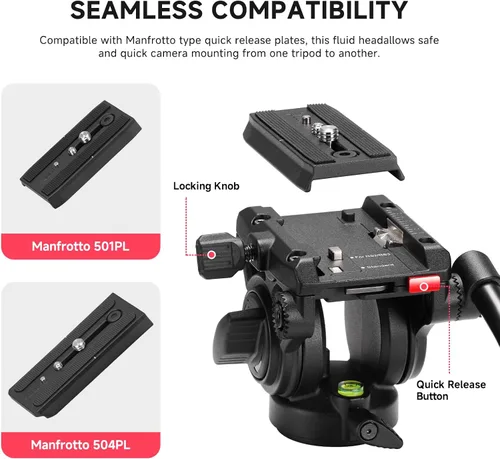 Miniatura 3 de Avella Cabezal fluido de trípode de video con placa de liberación rápida, ligero y resistente, compatible con Manfrotto, carga máxima de 13.2 lb/6