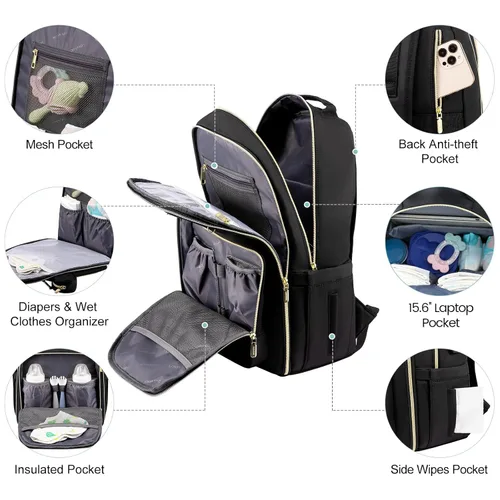 Miniatura 2 de LOVEVOOK - Mochila para pañales con funda acolchada, bolsa para bebé con cambiador y portachupete, bolsas de pañales impermeables para viajes