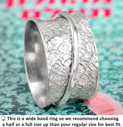 Miniatura 3 de Boho-Magic Anillo giratorio de plata de ley 925 para mujer, anillo martillado para inquietos, banda ancha