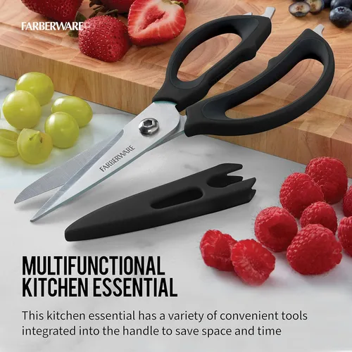 Miniatura 2 de Farberware Tijeras de cocina 4 en 1 con mango negro, tijeras de acero inoxidable de alto carbono con abridor de botellas, abridor de tarros