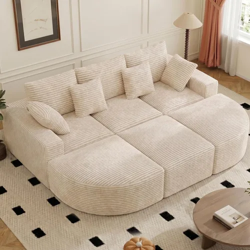 Miniatura 15 de Sofá cama seccional modular de 113", sofás de nube convertibles para sala de estar con otomana, juego de sofá cama de pana sin estructura de 6 Gris