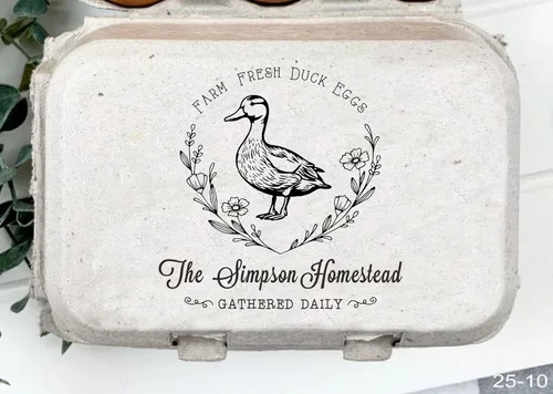 Sellos personalizados de cartón de huevos frescos de granja, huevos de pato, recogidos diariamente, sello de goma de madera (3 x 3 pulgadas)