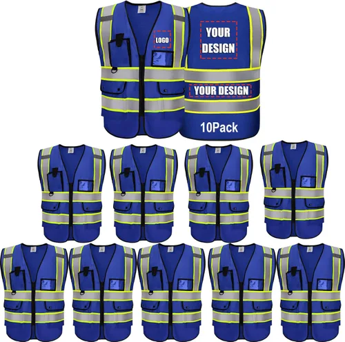 Miniatura 39 de Chaleco Reflectante Clase 2 de Seguridad ANSI con Bolsillos y Cremallera de Alta Visibilidad Uniforme de Construcción K-azul
