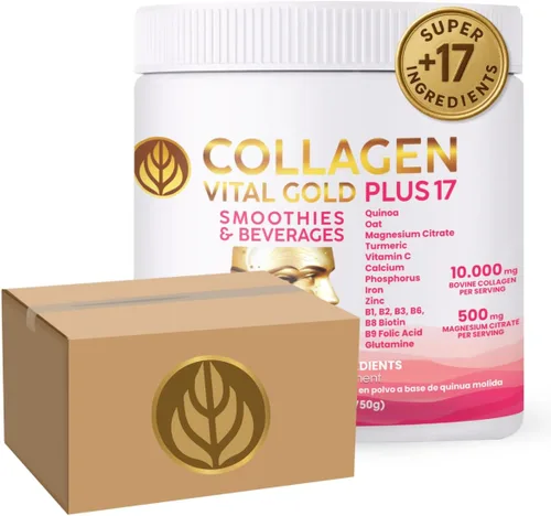 Vital Life - Polvo de péptidos de colágeno + 17 súper ingredientes, 1.6 libras (paquete de 6), sabor a bayas rojas, apoya el cabello, la piel, las