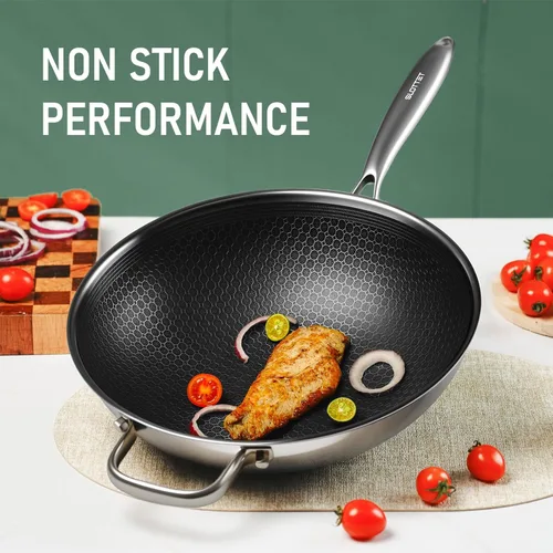 Miniatura 2 de SLOTTET Wok híbrido de 12 pulgadas con tapa, woks antiadherentes de acero inoxidable y sartenes para saltear, mango que se mantiene frío, utensilios