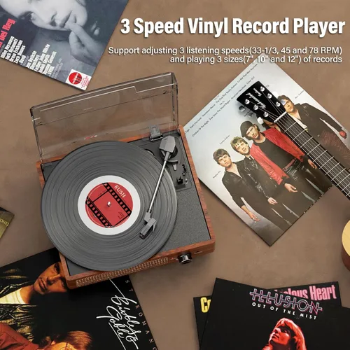 Miniatura 6 de Tocadiscos de vinilo con receptor Bluetooth integrado y 2 altavoces estéreo, 3 velocidades y 3 tamaños, tocadiscos retro portátil para Naranja