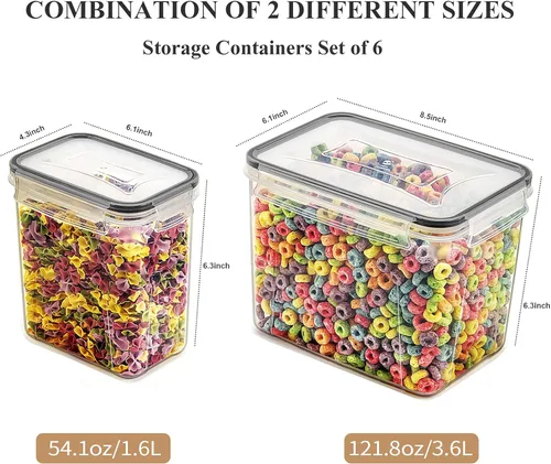 Miniatura 2 de Wildone Juego de 6 recipientes herméticos para almacenamiento de alimentos secos y cereales (tapa negra), a prueba de fugas y sin BPA, con 1 taza