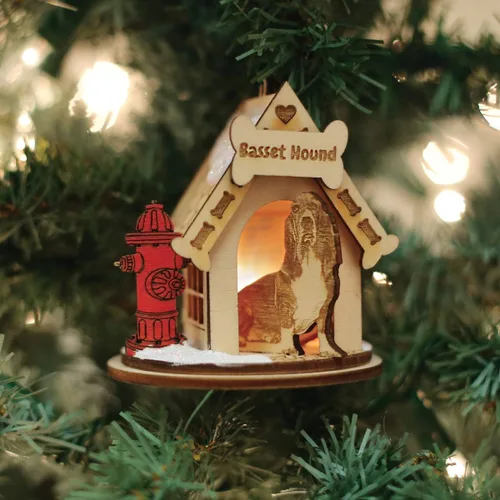 Miniatura 2 de Basset Hound Dog Tea Light Display Adorno de Navidad de madera para árbol de Navidad