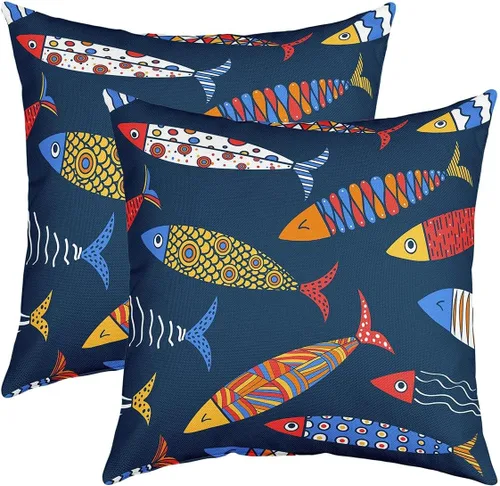 Juego de 2 fundas de almohada de animales marinos de 16 x 16 pulgadas, fundas de almohada decorativas de peces aztecas arco iris, fundas de almohada