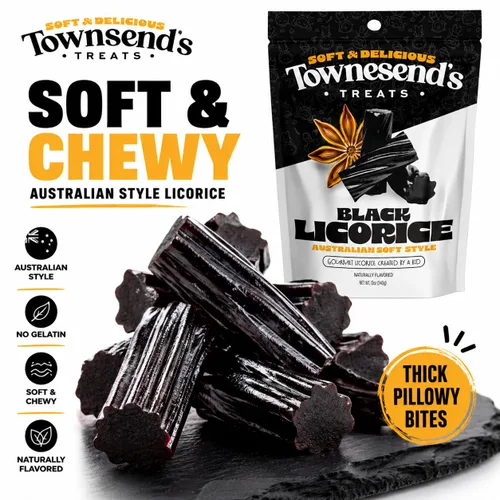 Miniatura 4 de Townesend's Treats - Bocaditos de caramelo de regaliz negro suaves y masticables (paquete de 1) – Regaliz gourmet grueso estilo australiano – rico