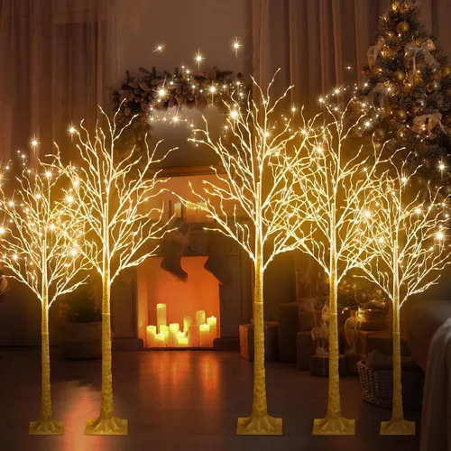 Miniatura 4 de Aurelema 6 piezas de árbol de abedul iluminado de 4 pies, 5 pies y 6 pies, 8 modos de Navidad, luces LED artificiales de color blanco cálido, árbol