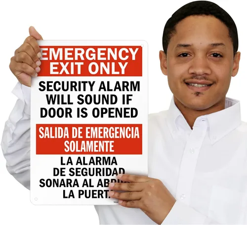 Miniatura 8 de SmartSign Letrero bilingüe "Solo salida de emergencia: la alarma de seguridad sonará si la puerta está abierta", plástico de 10 x 14 pulgadas