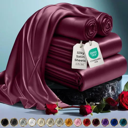 Miniatura 55 de DECOLURE Sábanas de satén para cama - Juego de 6 piezas de ropa de cama de lujo sedosa tamaño King - Más suave que la seda, sin arrugas con sábana