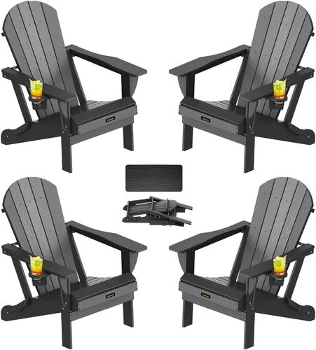 Miniatura 35 de Silla Adirondack Plegable, Sillas Adirondack de Plástico con Textura de Madera con 2 Portavasos, Silla para Hoguera de HDPE Resistente a