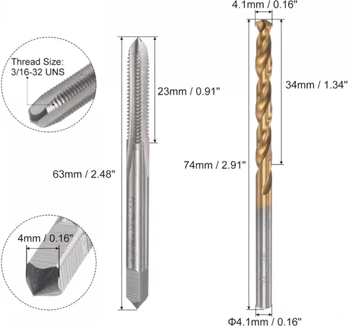 Miniatura 2 de uxcell 3/16-32 UNS Straight Flute Thread Tap y 0.161 in Twist Drill Broca Set, titanio plateado 6542 Acero de alta velocidad Brocas de perforación