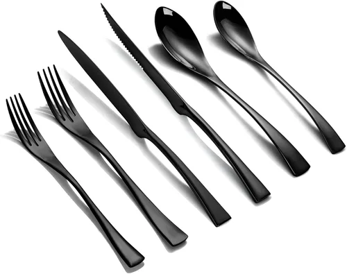 Lemeya Juego de cubiertos negros de 24 piezas con cuchillos para carne, juego de cubiertos de acero inoxidable 18/10 forjado para 4, juego de