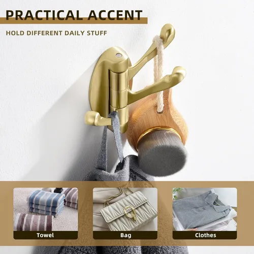 Miniatura 6 de Angle Simple Gancho giratorio para toallas de oro cepillado, 2 piezas, gancho de baño plegable de metal, soporte para toallas de baño, colgador