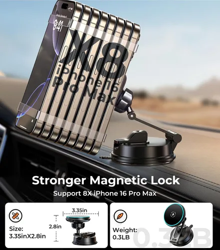 Miniatura 9 de Cargador de teléfono de coche certificado Qi2 para MagSafe, brazo plegable y ajustable de 360°, soporte magnético universal para pantalla de espejo